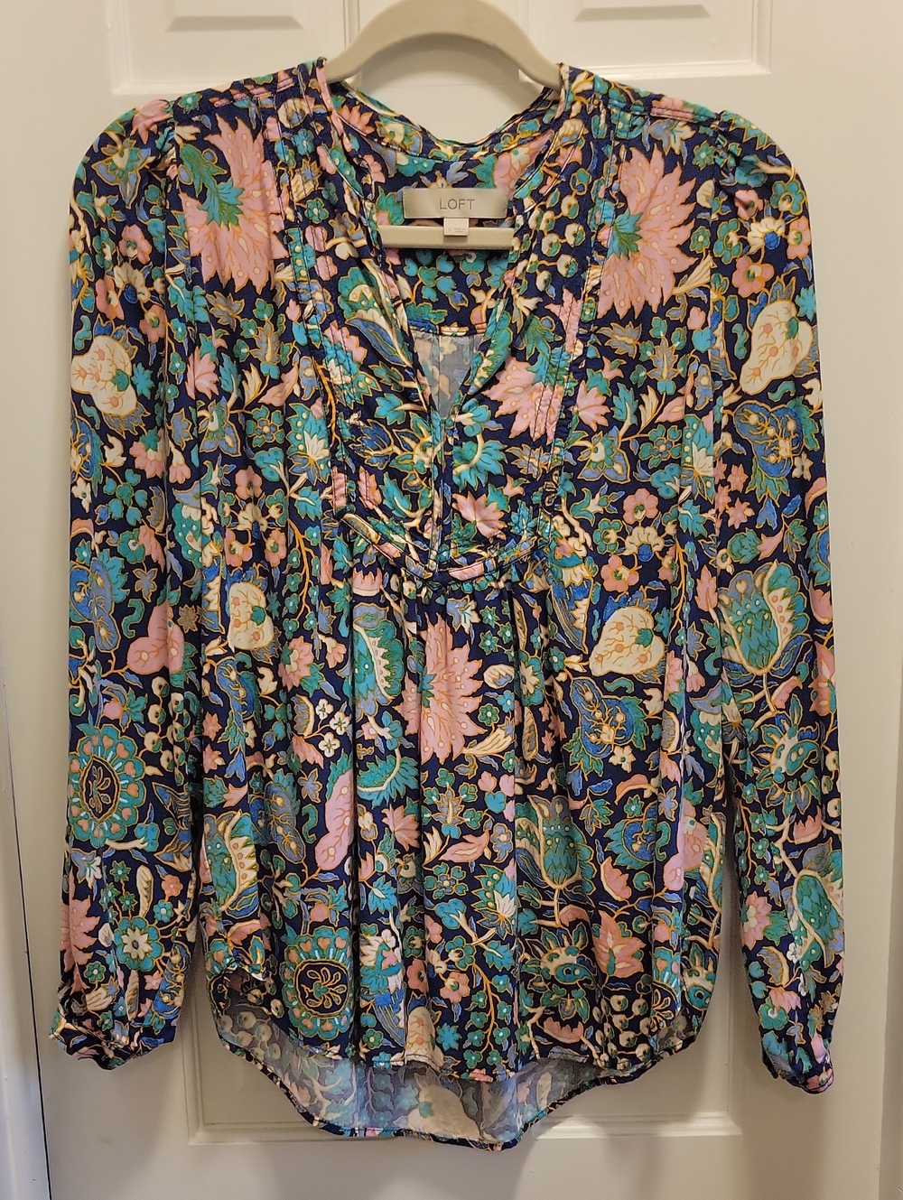 LOFT Navy Floral Pintuck Blouse - Pink, Aqua & Teal Accents
